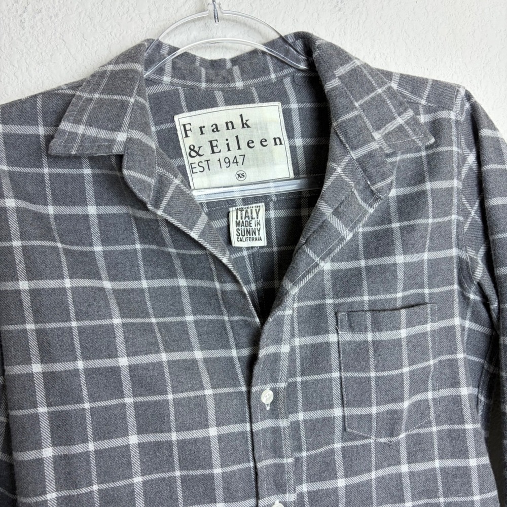 Frank & Eileen Barry Grey White Windowpane Plaid Flannel Shirt XS Made in USA